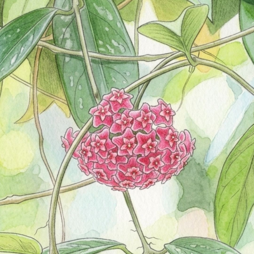 ホヤの花のイラスト。星型の小花が集まった丸いピンクの花房と緑の葉が描かれている